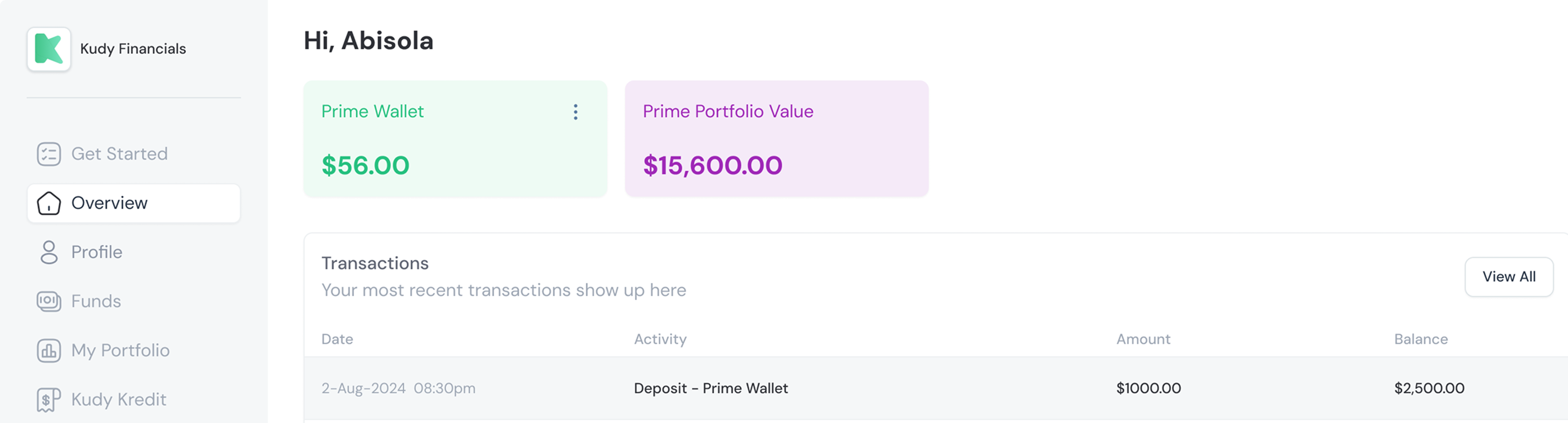 Kudy dashboard overview
